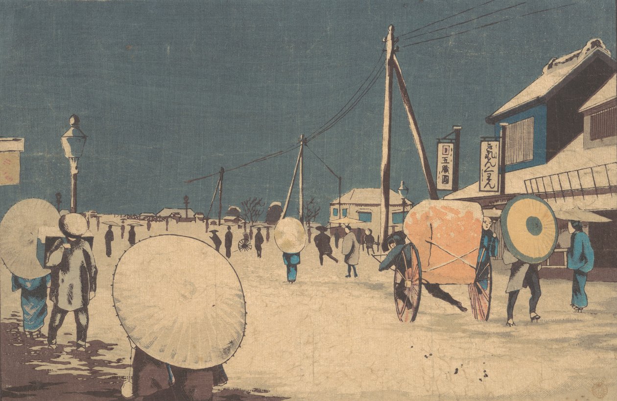 Gatescene i utkanten av Edo på en kveld om vinteren, ca. 1878. av Kobayashi Kiyochika