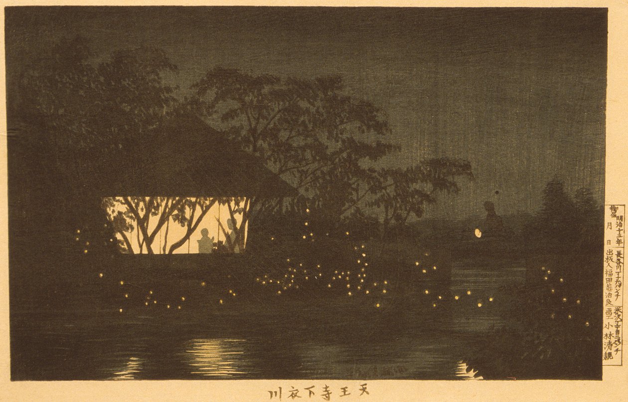 Koromo-elven nedenfor Tennōji-tempelet av Kobayashi Kiyochika