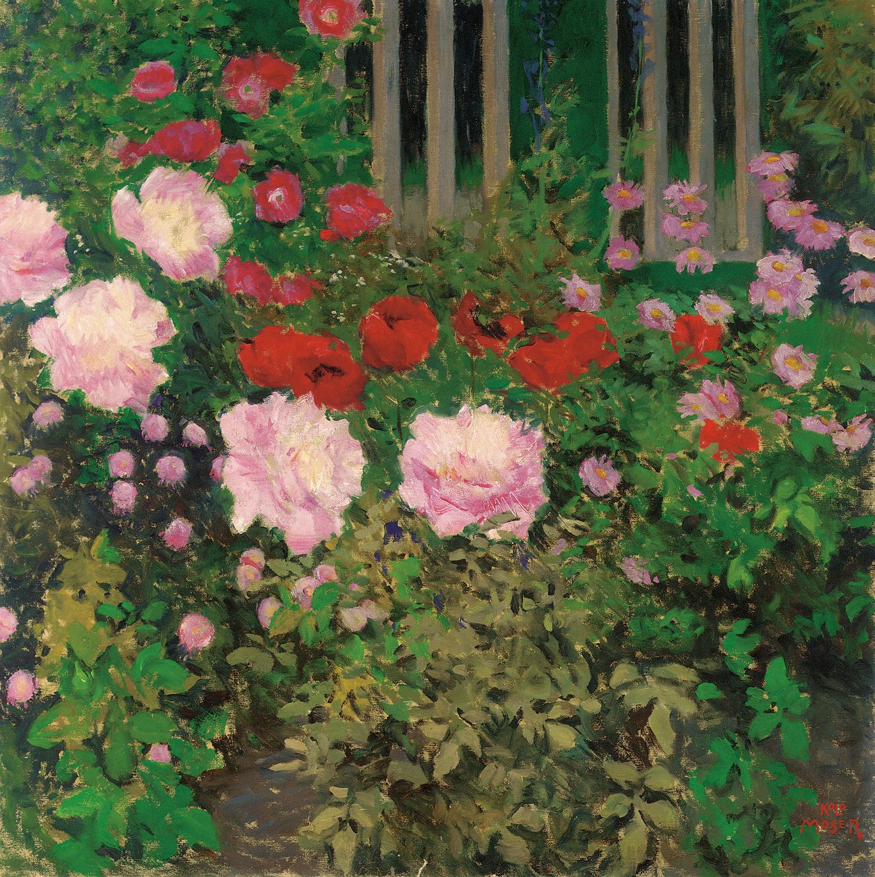 blomster og hage gjerde; Blomstrende blomster på hagegjerdet av Koloman Moser