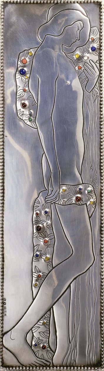 Innfelt panel av en hvitmalt Wiener Werkstatte enkeltseng som viser en naken androgyn figur (detalj), ca. 1904 (sølv, lapis lazuli, månesteiner, malakitt, koraller, tre) av Koloman Moser