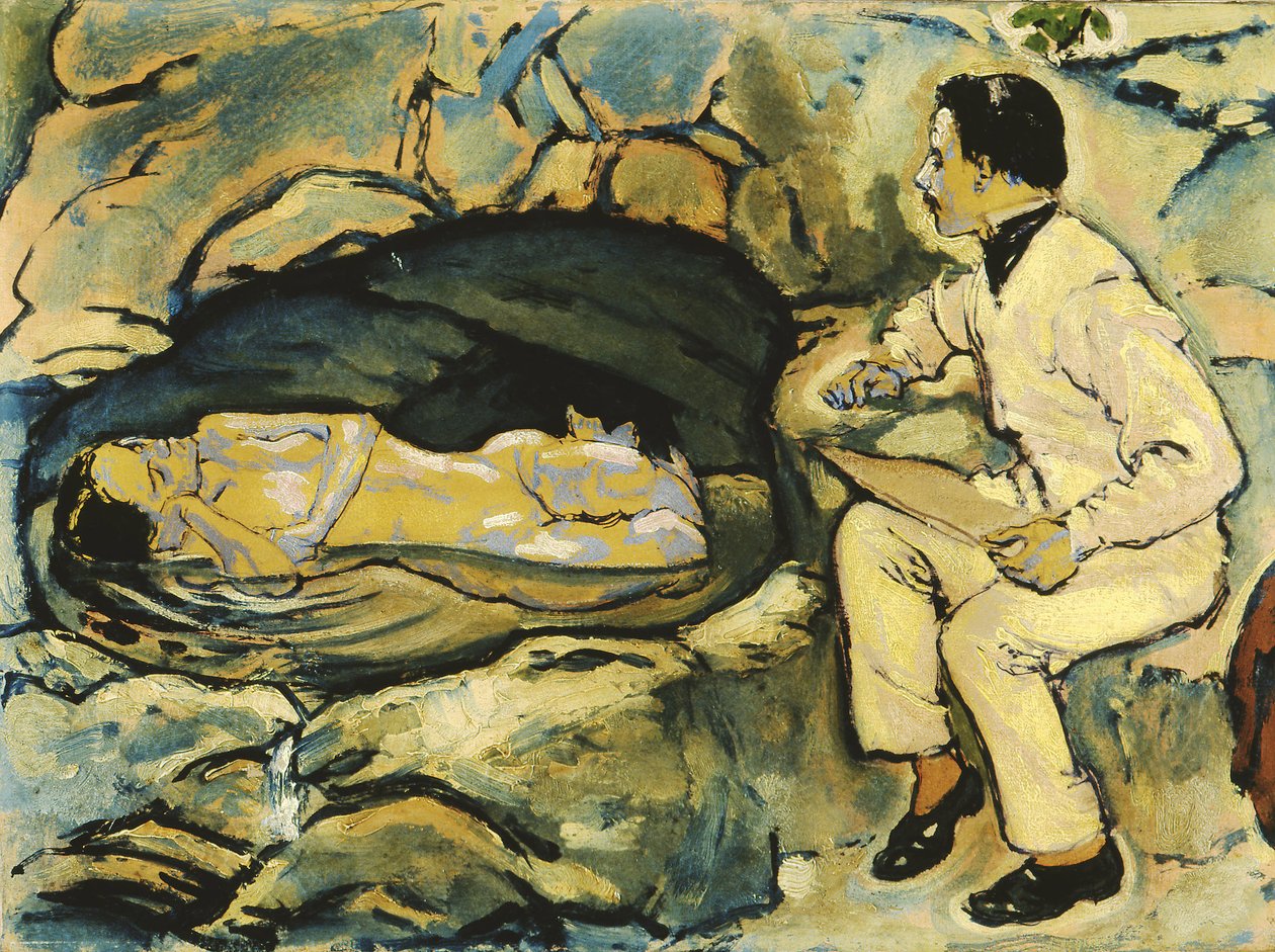 Selvportrett, tegning med havfrue i berggrotten, 1914. av Koloman Moser