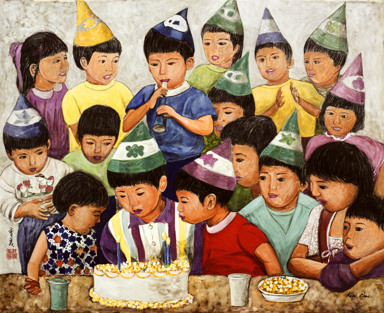 Gratulerer med dagen, 1994 (gouache på silke) av Komi Chen