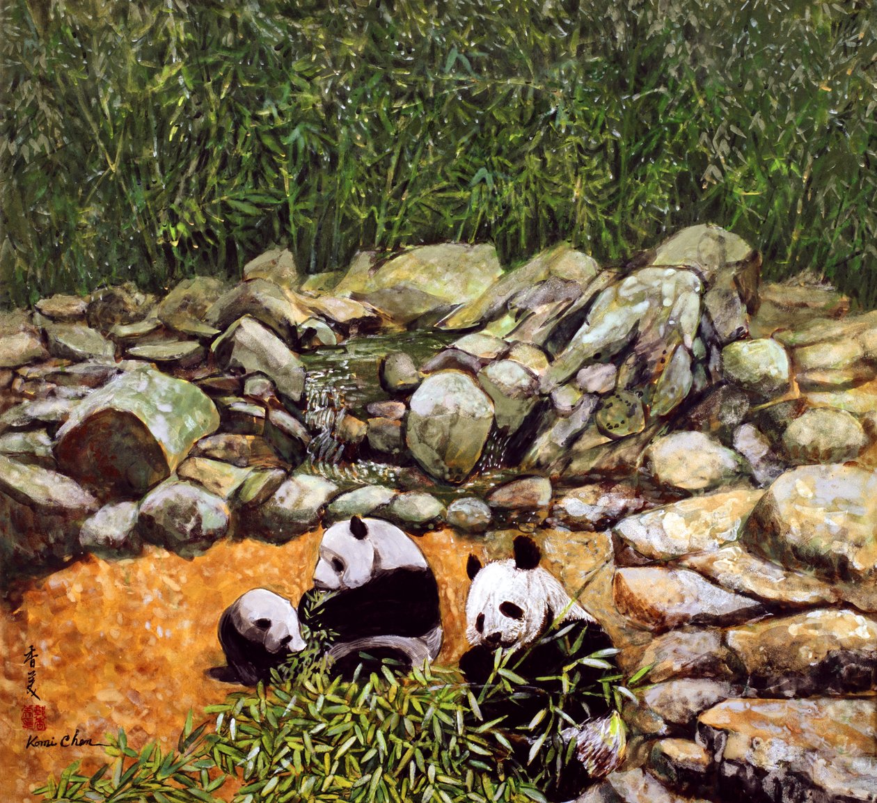 Happy Family (Pandas) 1993 (gouache på silke) av Komi Chen