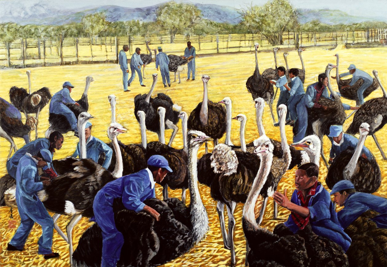Strutsfarm, 1988 (gouache på rispapir) av Komi Chen