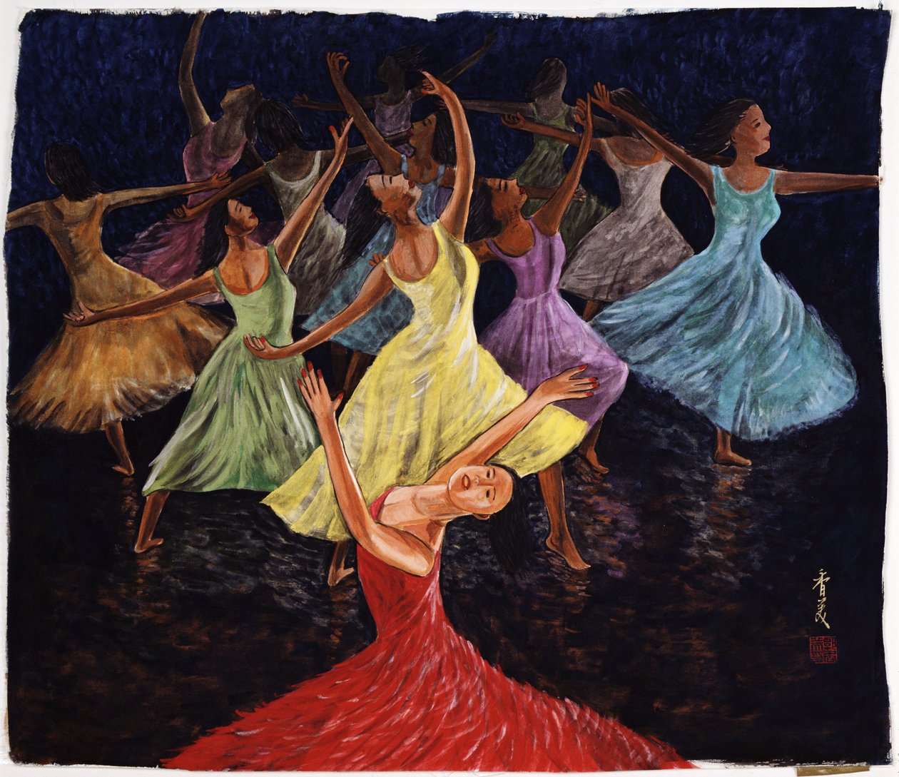 Scenepresentasjon, 1994 (gouache på silke) av Komi Chen