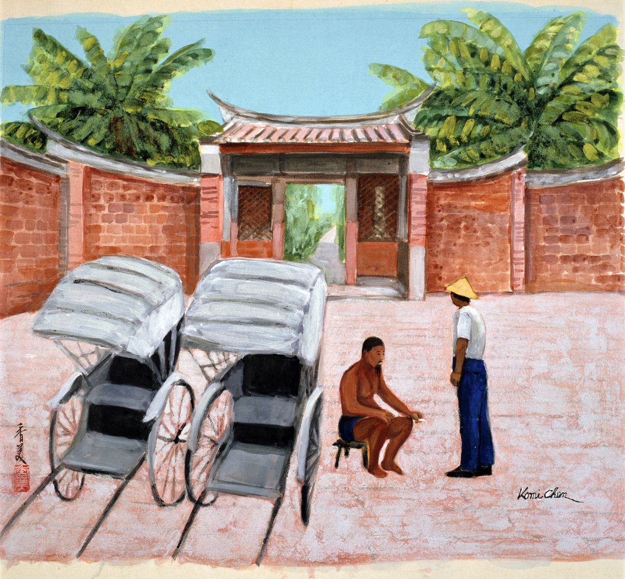Taking a Rest, 1990 (gouache på silke) av Komi Chen