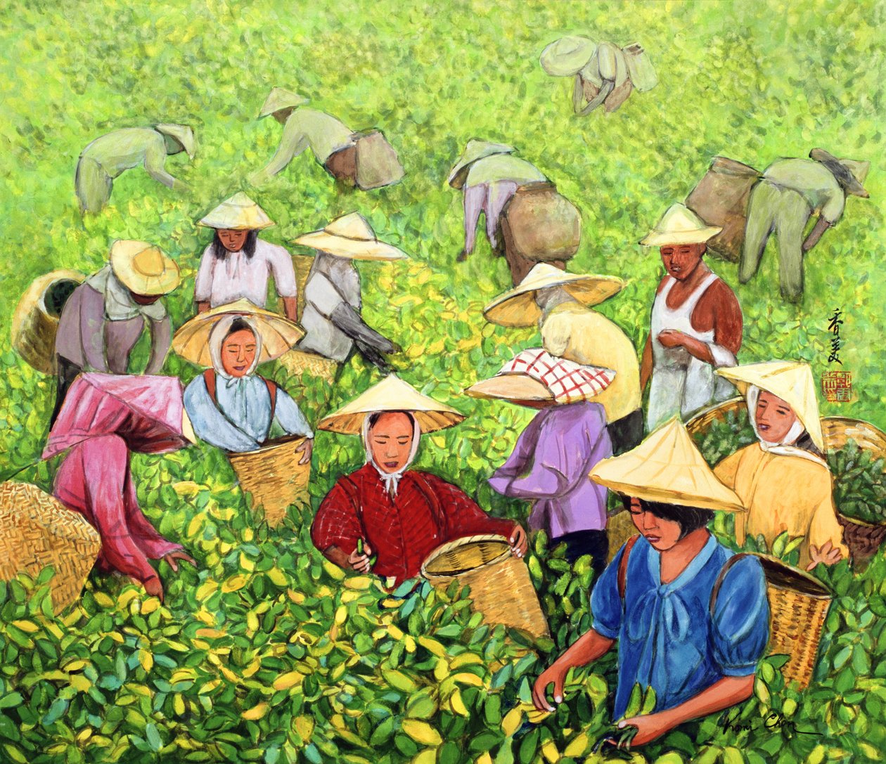 Tea Picking Girl, 1994 (gouache på silke) av Komi Chen