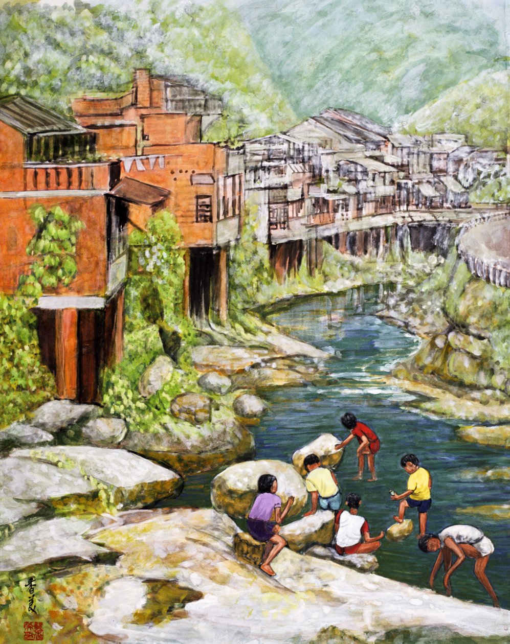Village by the River, 1992 (gouache på silke) av Komi Chen
