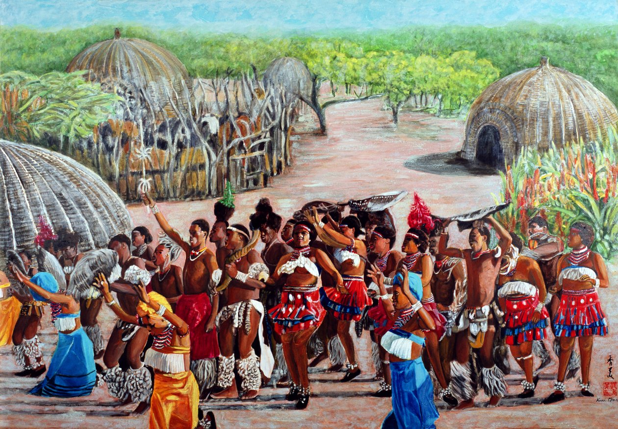 Zulu Celebration, 1989 (gouache på rispapir) av Komi Chen