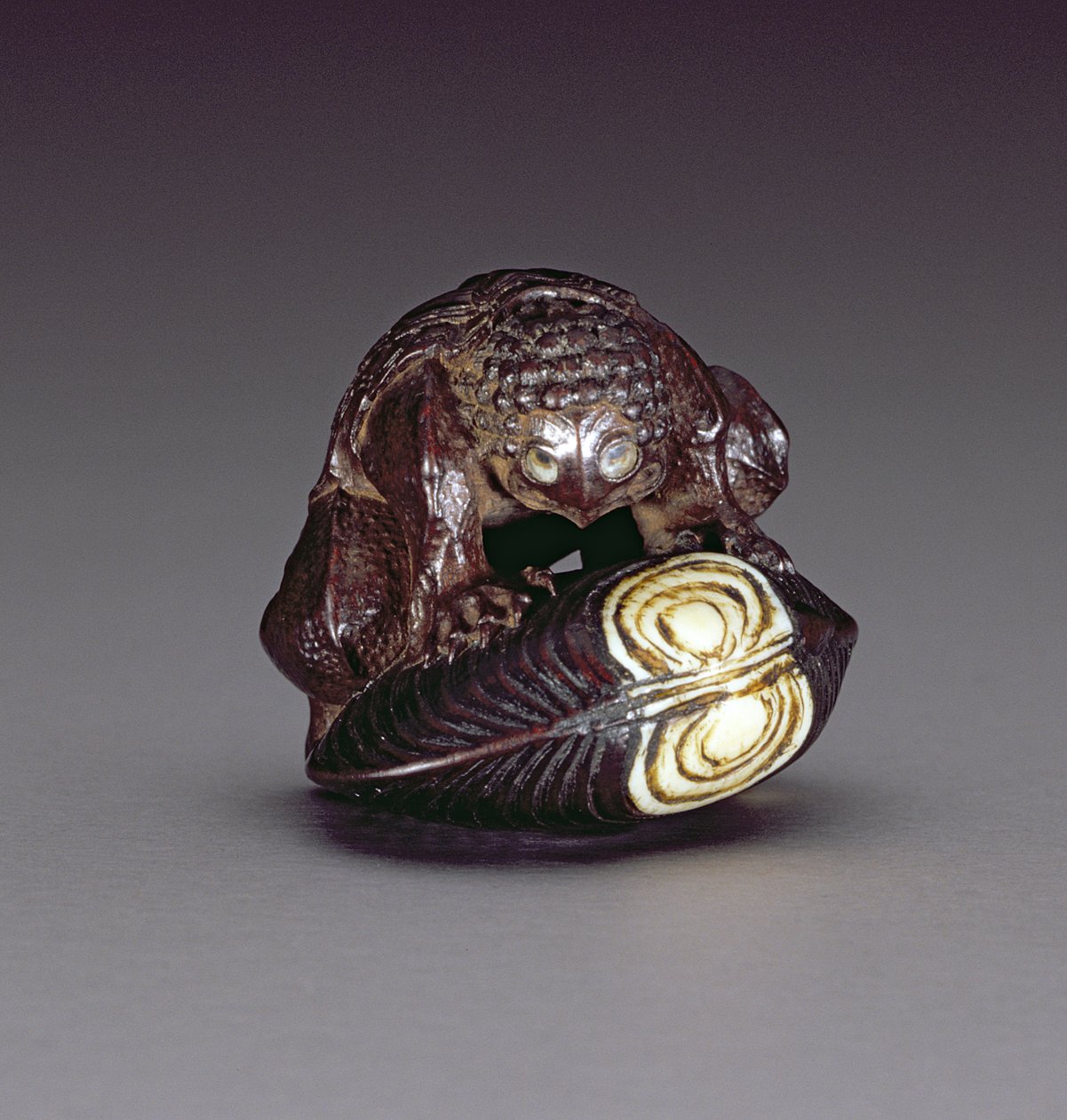 Netsuke som skildrer en kappa som huker seg på et muslingskall, 1860-80 (tre) av Komin