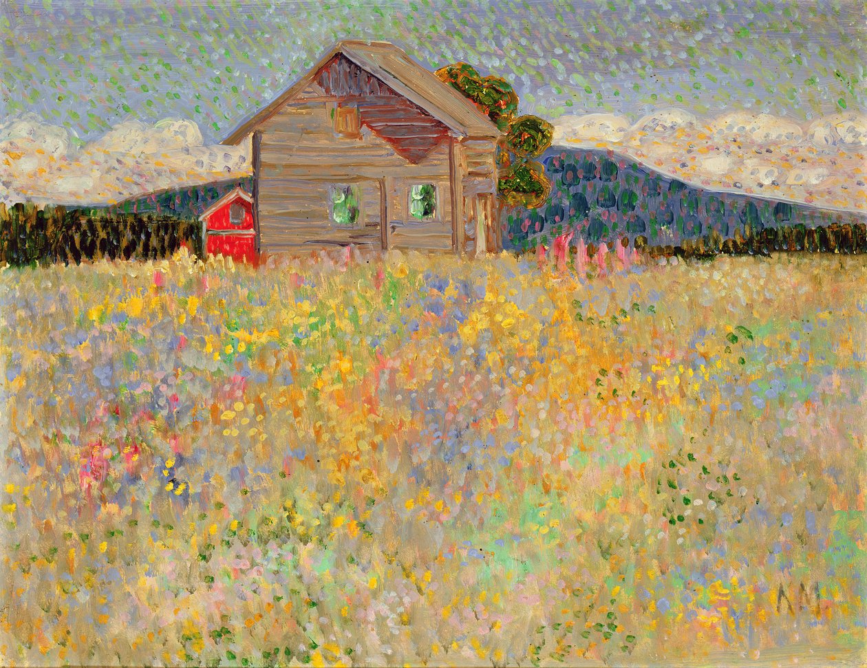 Lite trehus i en blomstrende eng, ca. 1909 (olje på limbrett) av Konrad Magi