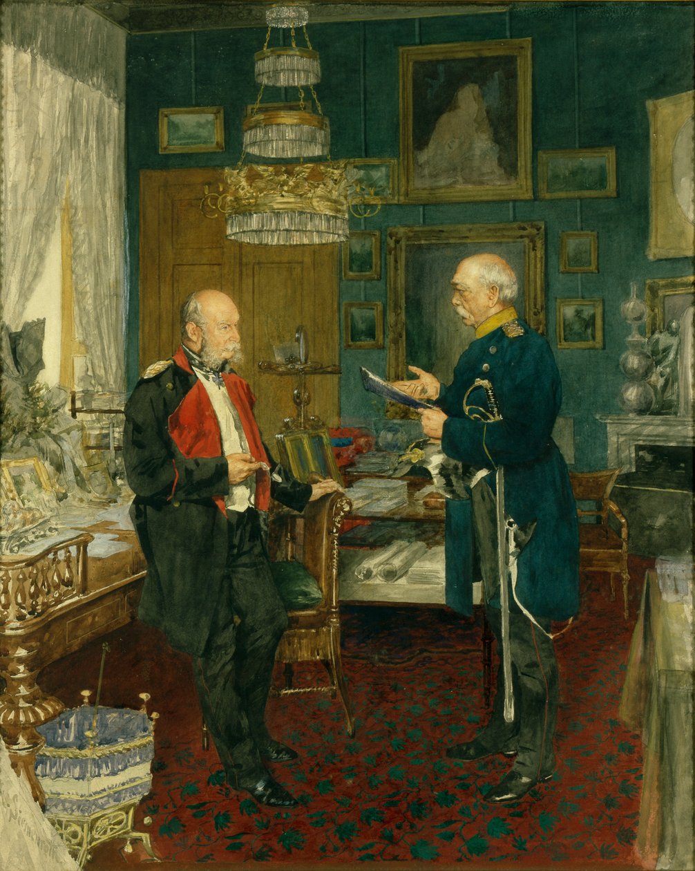 Bismarck med keiser Wilhelm I i et rom i Unter den Linden-palasset, Berlin av Konrad Siemenroth