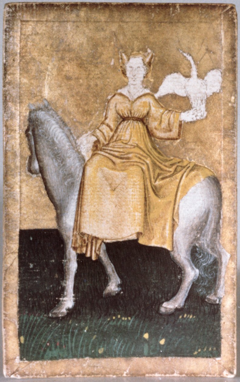 En ridende dame som holder en hegre på den ene hånden, ett av et sett med spillekort som viser scener med høvisk hauking, Upper Rhein Are, ca. 1440-45 (penn og blekk, wc) (se også 84698, 88300-02 og 88304) av Konrad Witz