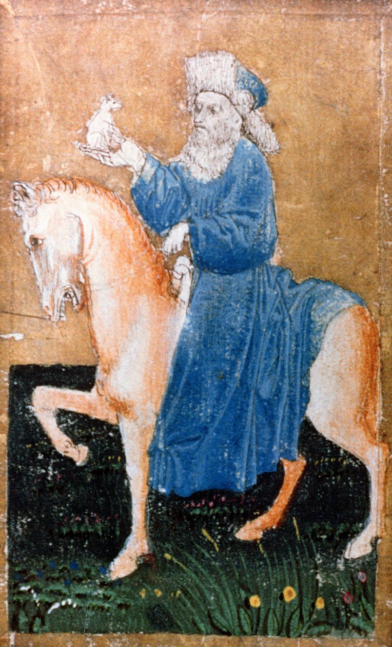 En ridende mann som holder en liten hund, ett av et sett med spillekort som viser scener med høvisk hauking, Upper Rhein-området, ca. 1440-45 (penn og blekk, wc) (se også 87698, 88300-01 og 88303-04) av Konrad Witz