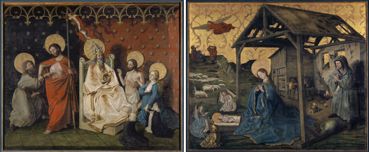 Utroheten til Saint Thomas og Kristus og jomfruen som går i forbønn med Gud Faderen og fødselen av Konrad Witz