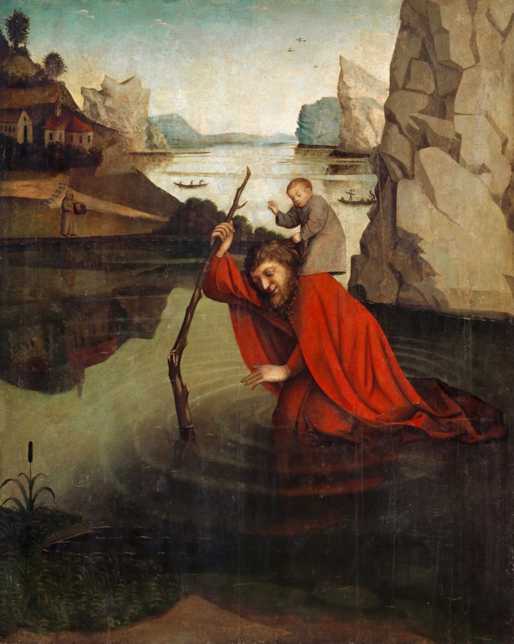 St. Christopher som bærer Kristusbarnet (tempera på panel) av Konrad Witz