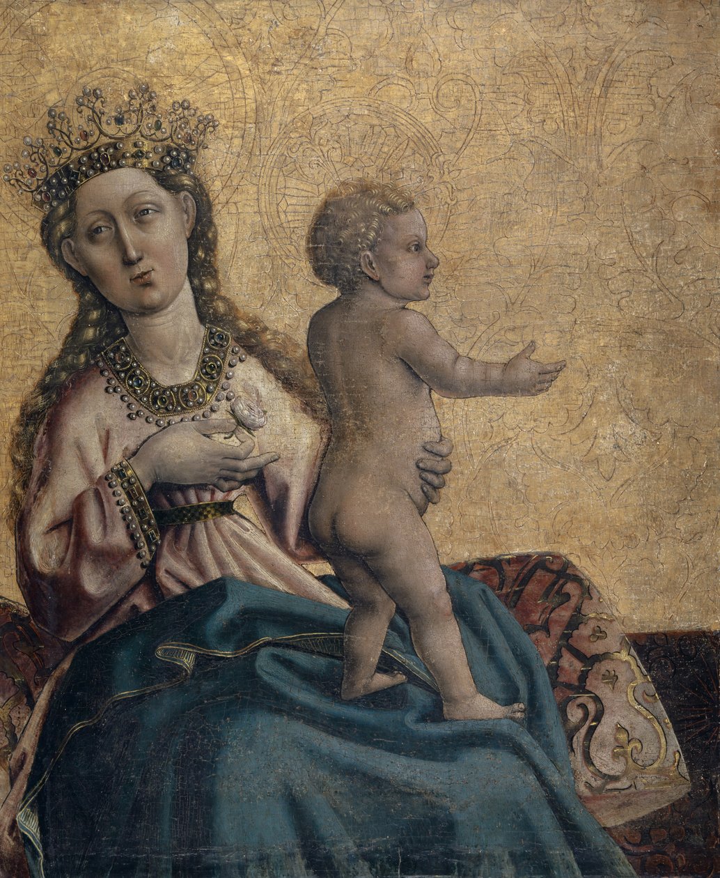 Jomfru og barn, Fragment av alteret i Olsberg, såkalt Madonna av Olsberg, ca. 1437-40 (blandet teknikk på tre) av Konrad Witz