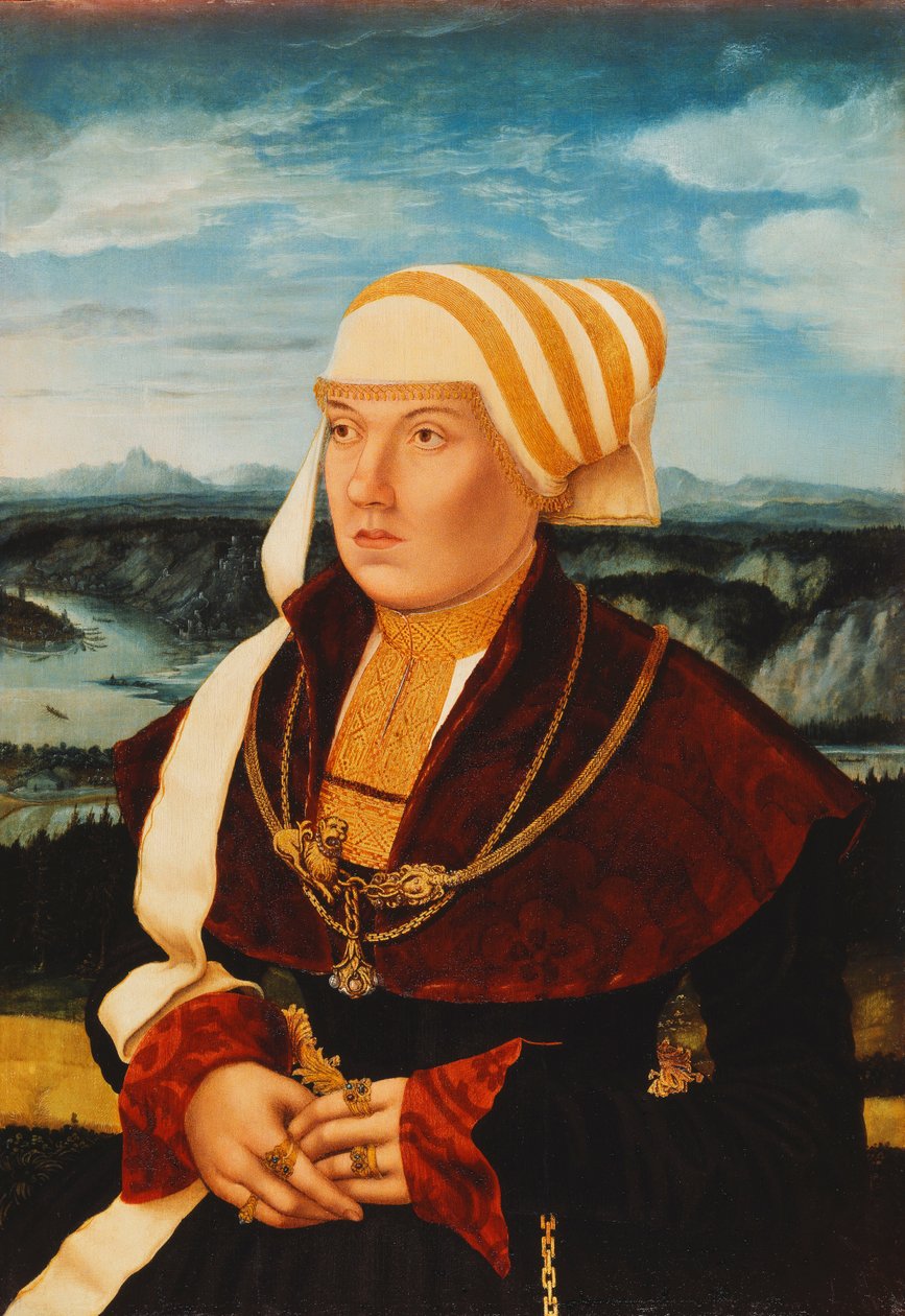 Portrett av Dorothea von Stralenburg, 26 år, trekvart lang, i en rød og svart kjole med gullsmykker, før et omfattende landskap, 1533 av Konrad Faber von Kreuznach
