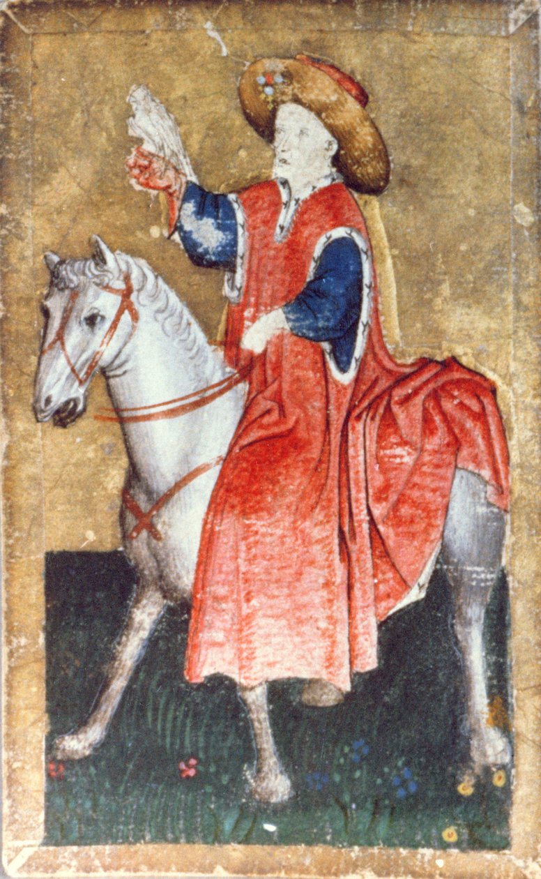 En montert falkonerer, ett av et sett med spillekort som viser scener med høvisk hauking, Upper Rhein-området, ca. 1440-45 (penn og blekk, wc) (se også 87698 og 88300-03) av Konrad Witz