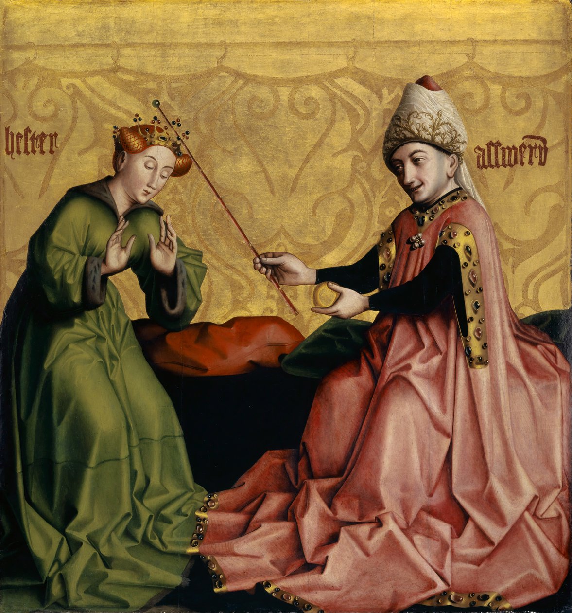 Esther før Ahasverus, Mirror of Human Salvation altertavle, indre side, ca. 1435 av Konrad Witz
