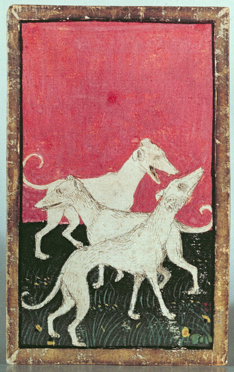 Tre jakthunder, en av et sett med spillekort som viser scener med høvisk hauking, Upper Rhein Are, ca. 1440-45 (penn og blekk, wc) (se også 87698, 88300 og 88302-04) av Konrad Witz