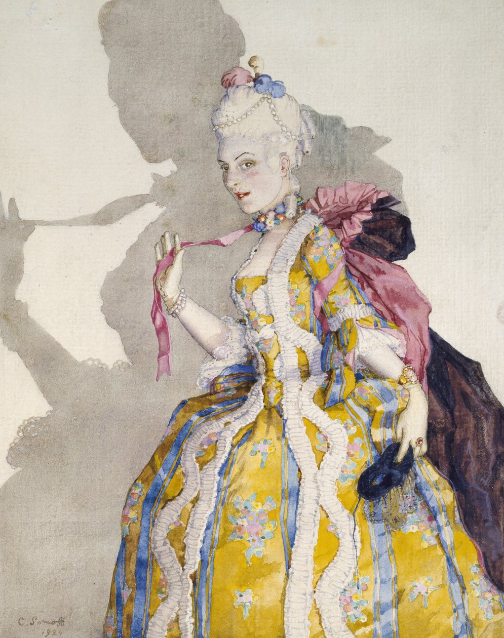 Design for a Costume of a Marquise for ballerinaen Tamara Karsavina, 1924 (akvarell og innslag av kroppsfarge innenfor en avgrenset kant i svart blekk på hvitt vevd papir) av Konstantin Andreevic Somov