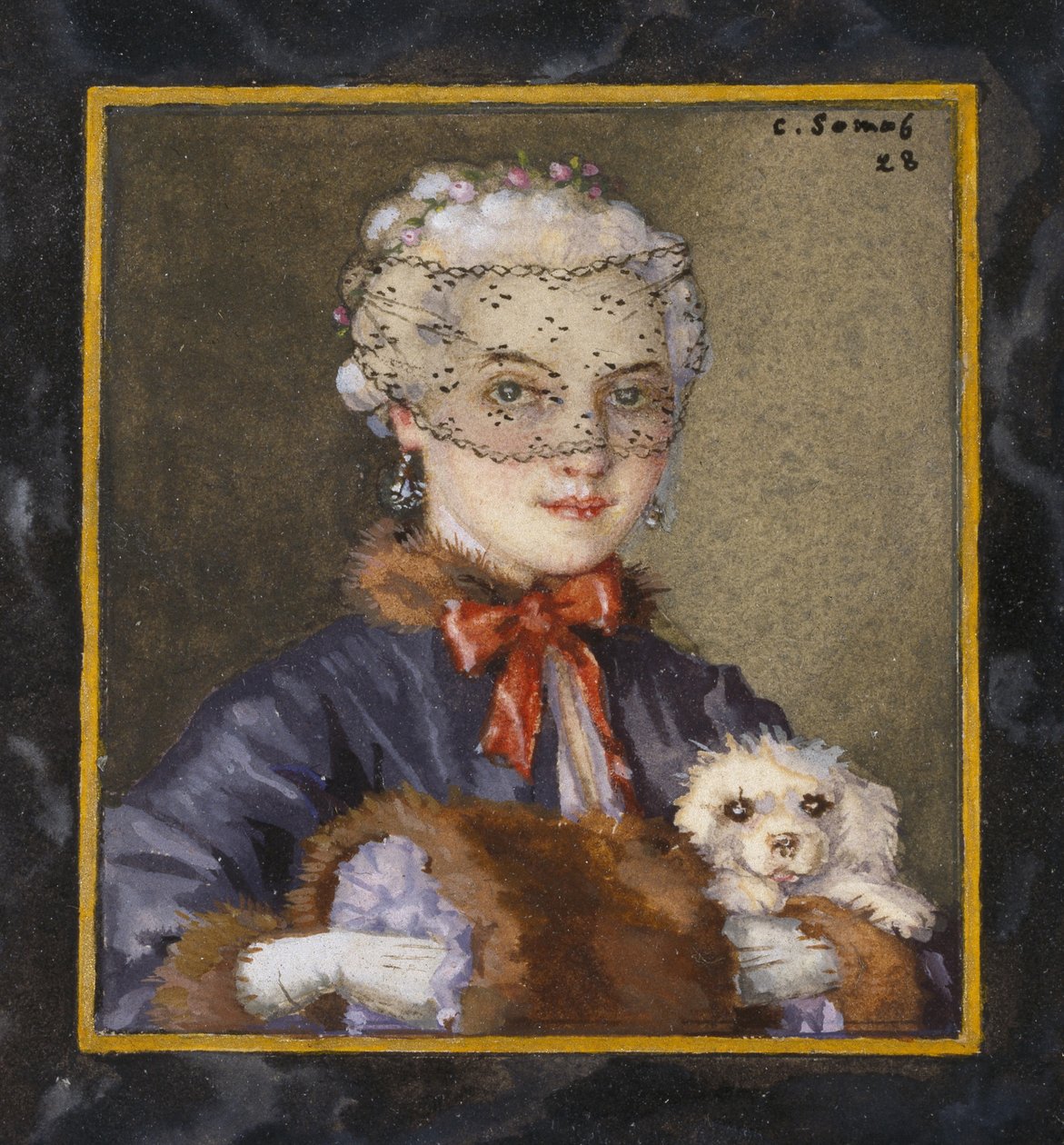 Lady with a Dog, 1928 (kroppsfarge innenfor en avgrenset kant i svart blekk rundt en fiktiv ramme på hvitt papir) av Konstantin Andreevic Somov