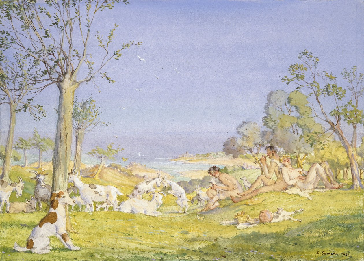 Landskap med hyrder og geiter, 1931 (Kroppsfarge over grafitt innenfor en avgrenset kant i grafitt på hvitt papir) av Konstantin Andreevic Somov