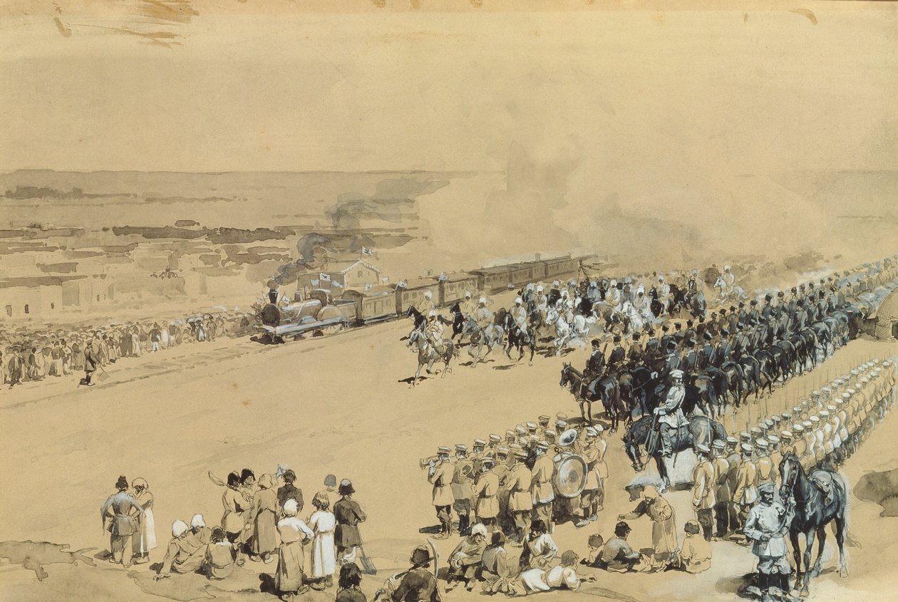 The First Train, 1883 (wc und gouache på papp) av Konstantin Apollonovich Savitsky