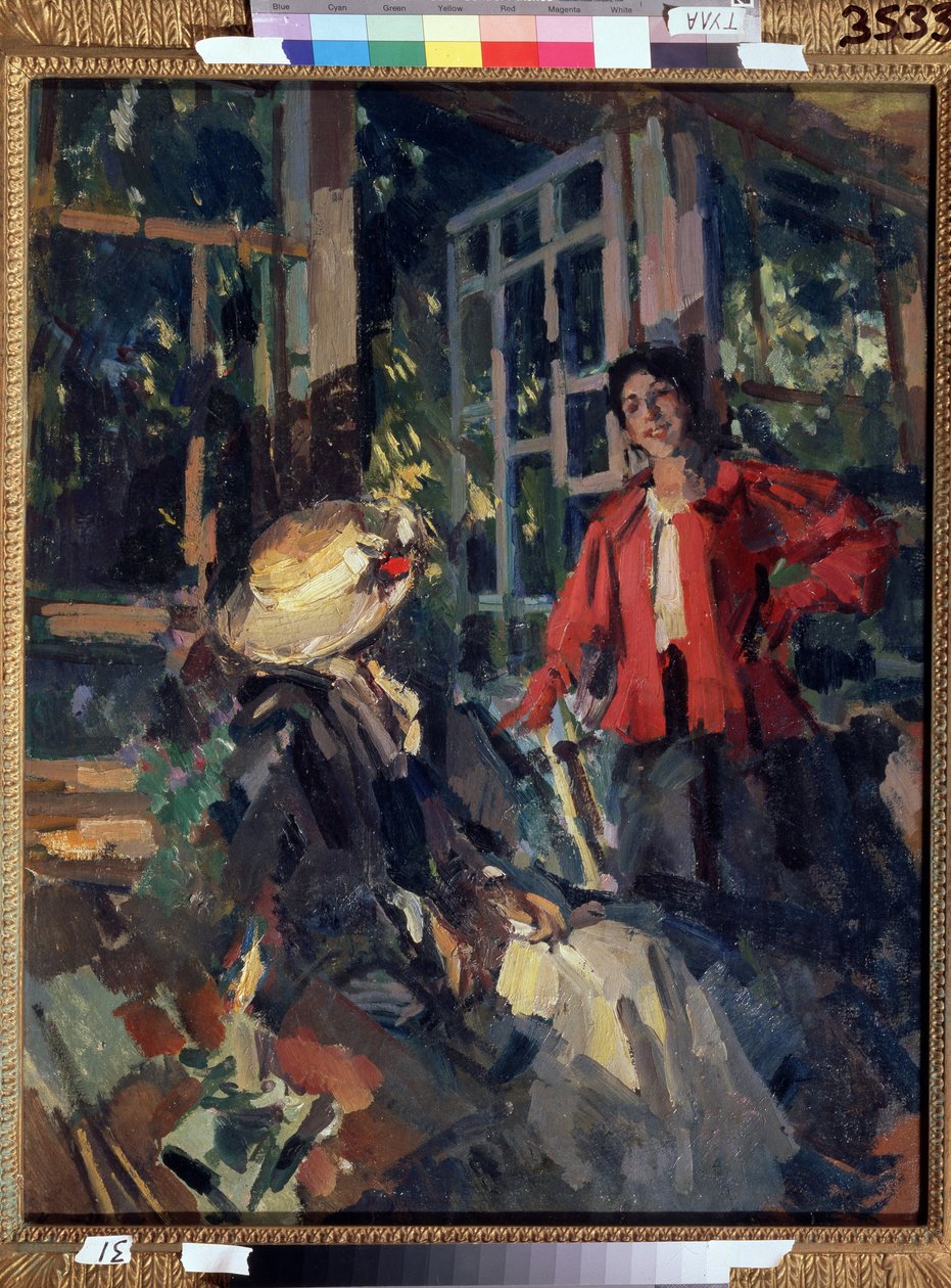 Ved vinduet. To unge kvinner, den ene veldig smilende, den andre snudde seg veldig elegant rundt, foran et stort karnappvindu. Maleri av Konstantin Alexeyevich Korovin (Constantin Korovin) (1861-1939), olje på lerret av Konstantin Alekseevich Korovin