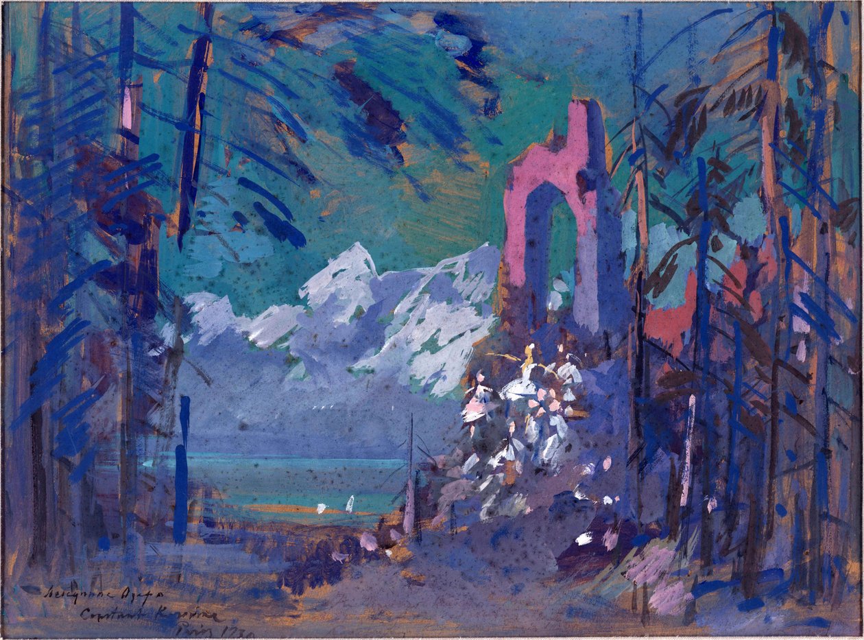 Forberedende dekor for balletten ""Svanesjøen"" av Piotr Tsjaikovskij (1840-1893). Verk av Konstantin Alexeyevich Korovin (Constantin Korovin) (1861-1939), akvarell på papp av Konstantin Alekseevich Korovin