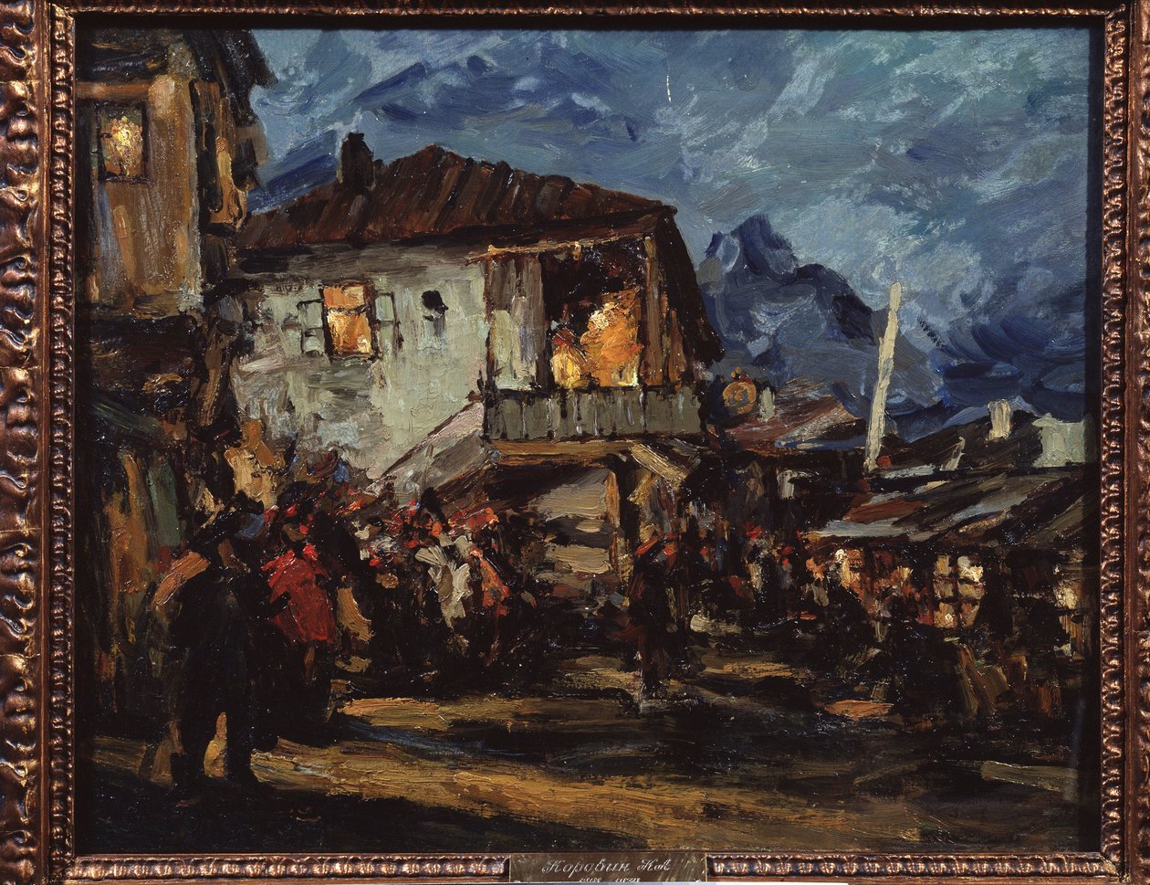Gurzuf (Krim) (Gurzuf). Gatebilde i havnelandsbyen med trehus. Maleri av Konstantin Alexeyevich Korovin (Constantin Korovin) (1861-1939), olje på lerret av Konstantin Alekseevich Korovin