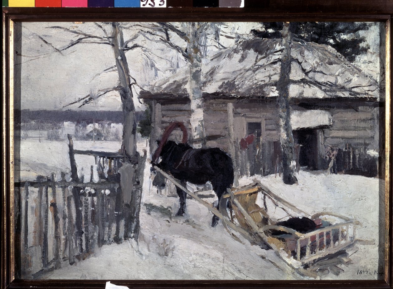 Vinter (Vinter). En hestevogn på gården til et trehus, på landsbygda, under snøen. Maleri av Konstantin Alexeyevich Korovin (Constantin Korovin) (1861-1939), olje på lerret av Konstantin Alekseevich Korovin