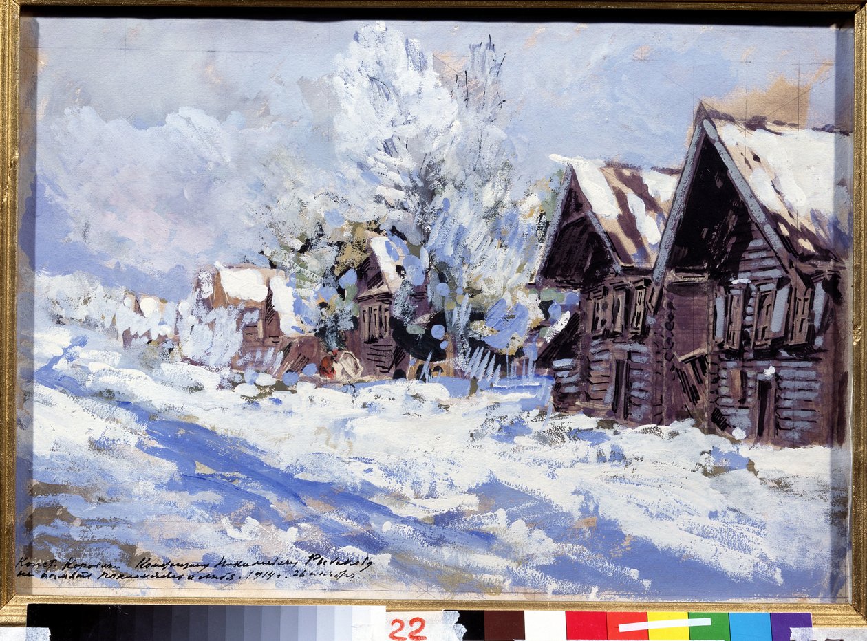 Vinter (Vinter). Utsikt over gaten i en landsby med trehus, under snøen. Verk av Konstantin Alexeyevich Korovin (1861-1939), gouache på papp av Konstantin Alekseevich Korovin