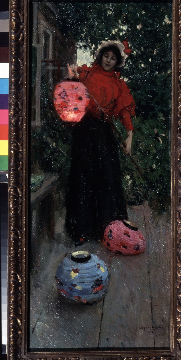 Kinesiske lykter (kinesiske lykter). En kvinne tenner og setter opp papirlanterner (lampioner) på verandaen om kvelden. Maleri av Konstantin Alexeyevich Korovin (Constantin Korovin) (1861-1939), olje på lerret av Konstantin Alekseevich Korovin