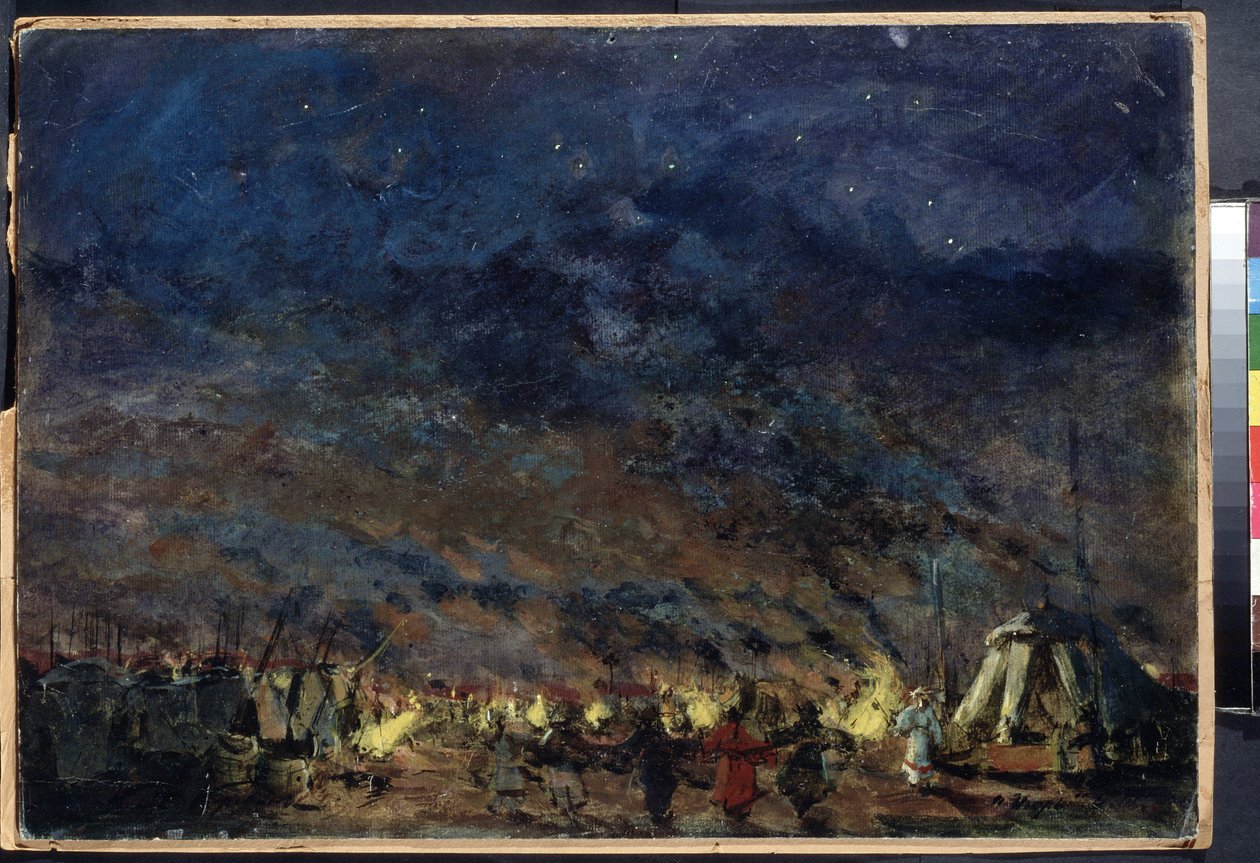The Polovtsian Camp, Scene Design for the Opera Prince Igor av Alexander Borodin - (The Polovtsian Camp - Scene Design for the Opera Prince Igor av Alexander Borodin) - Under en stjerneklar himmel rammer teltene i leiren inn lysene, i av Konstantin Alekseevich Korovin
