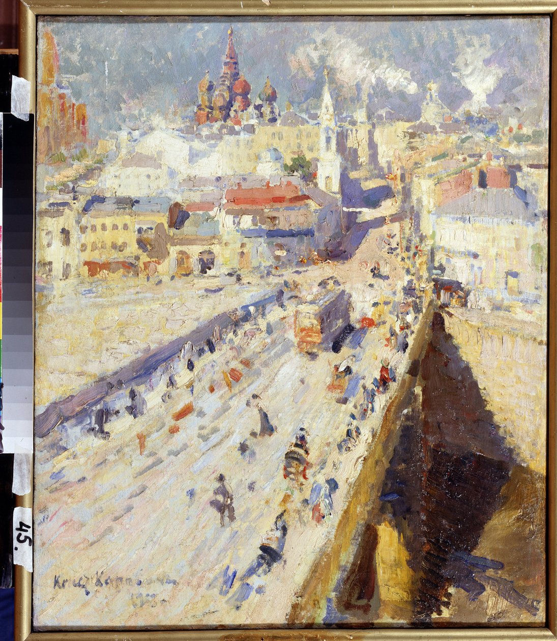 Gamle Moskva (Gamle Moskva). Utsikt over broen som fører til byen, med fasadene til bygningene og takene på kirkene, under en blendende sol. Maleri av Konstantin Alexeyevich Korovin (Constantin Korovin) (1861-1939), olje på lerret av Konstantin Alekseevich Korovin
