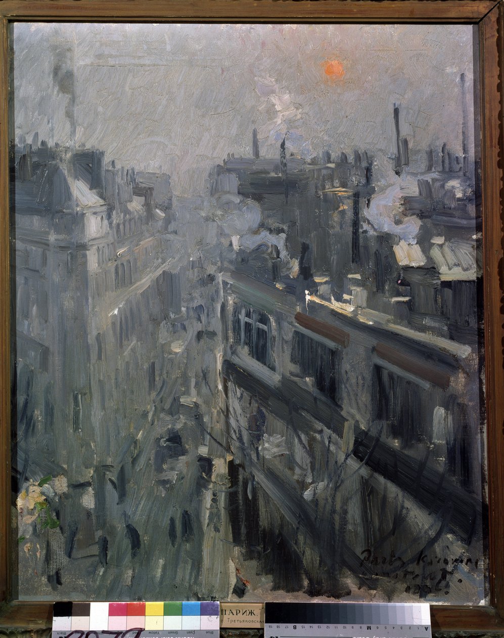 Paris (Frankrike) (Paris). Utsikt over fasadene til boulevarden Montmartre, en høstmorgen. Maleri av Konstantin Alexeyevich Korovin (Constantin Korovin) (1861-1939), olje på lerret av Konstantin Alekseevich Korovin