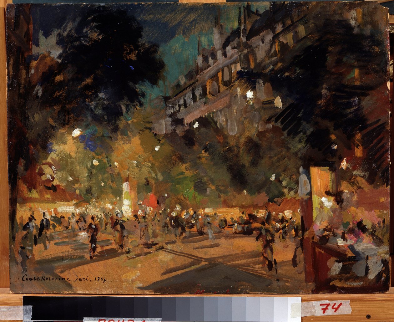 Paris, Frankrike (Paris). Beskrivelse av Boulevard Montmartre og dens animasjon på en sommerkveld. Maleri av Konstantin Alexeyevich Korovin (Constantin Korovin) (1861-1939), olje på lerret av Konstantin Alekseevich Korovin