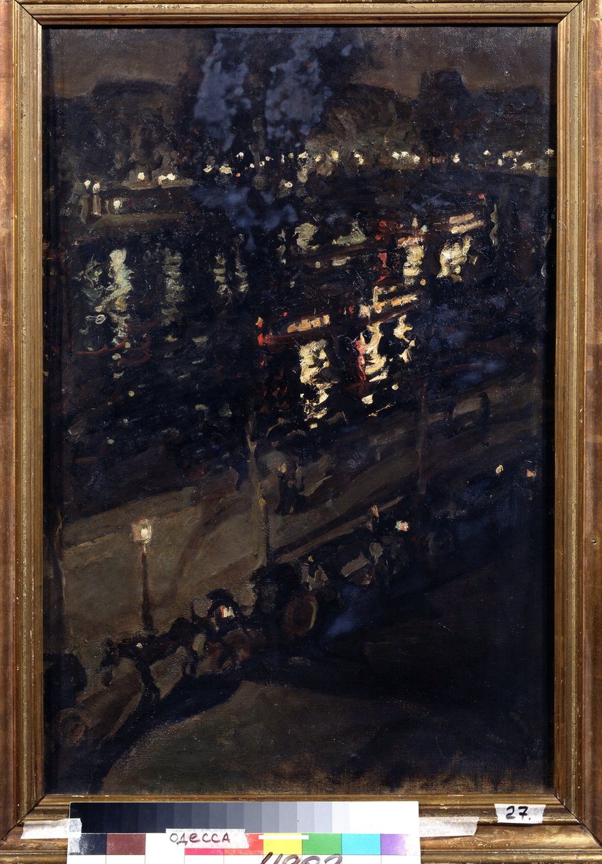 Paris om natten (Paris om natten). Utsikt over Seinen-kaiene, med en hestevogn, og byens lys som reflekterer på vannoverflaten. Maleri av Konstantin Alexeyevich Korovin (Constantin Korovin) (1861-1939), olje på lerret, russisk kunst av Konstantin Alekseevich Korovin
