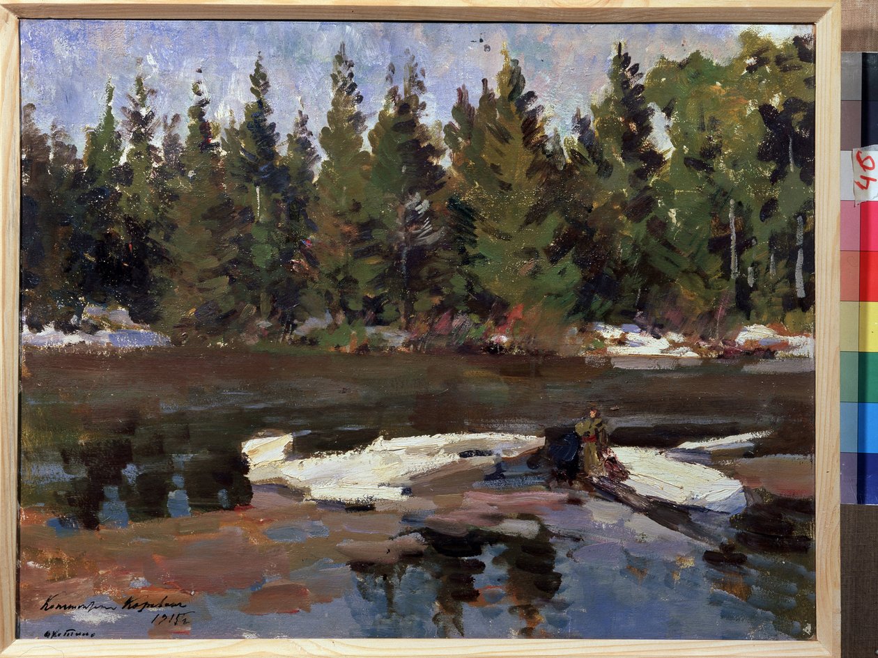 Vår (vår). Landskap, bredden av en elv i skogen. Maleri av Konstantin Alexeyevich Korovin (Constantin Korovin) (1861-1939), olje på lerret av Konstantin Alekseevich Korovin