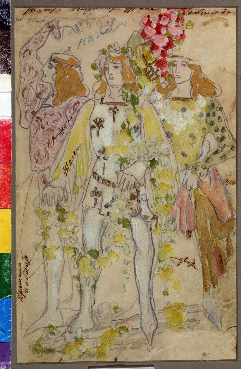 Kostymedesign for balletten Raimonda av Alexandre (Alexander) Glazunov (Glazounov eller Glazunoff eller Glazunow) (1865-1936) (Kostumedesign for balletten Raimonda av A. Glazunov). Mannlige kostymer. Kunstverk av Konstantin Alexeyevich Korovin (Constantin  av Konstantin Alekseevich Korovin