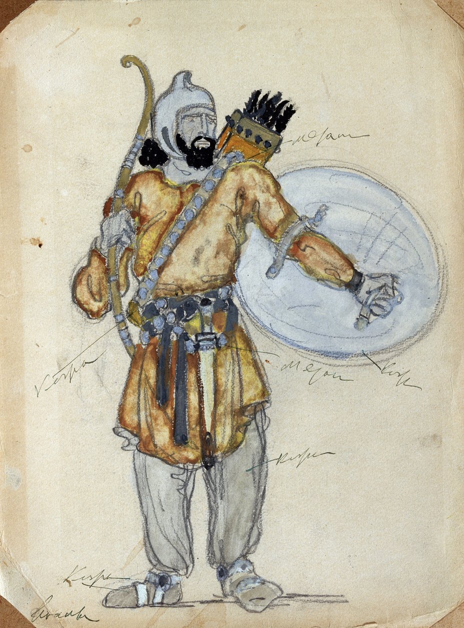 Kostymedesign for operaen Prince Igor av Alexander Borodin (1833-1887) (Kostumedesign for operaen Prince Igor av A. Borodin). Verk av Konstantin Alexeyevich Korovin (Constantin Korovin) (1861-1939), akvarell og gouache på papir av Konstantin Alekseevich Korovin