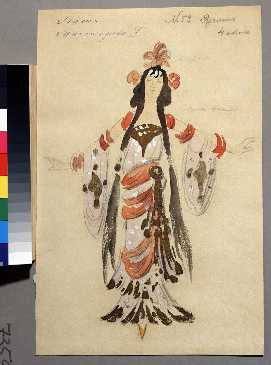 Kostymedesign for operaen "Ruslan og Lyudmila" av Mikhail Igor Glinka (1804-1857) (Kostumedesign for operaen Ruslan og Lyudmila av M. Glinka). Verk av Konstantin Alexeyevich Korovin (Constantin Korovin) (1861-1939), akvarell, gouache og gull av Konstantin Alekseevich Korovin