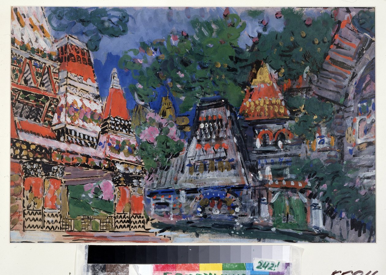 Kulisseprosjekt for operaen Den gyldne hane av Nicholas (Nikolai) Rimsky Korsakov (Rimsky-Korsakov) (1844-1908) (Scenedesign for operaen Den gyldne hane av N. Rimsky Korsakov (Rimsky-Korsakov). Utsikt over trebygninger i livlige farger.Oeuvre de Kons av Konstantin Alekseevich Korovin