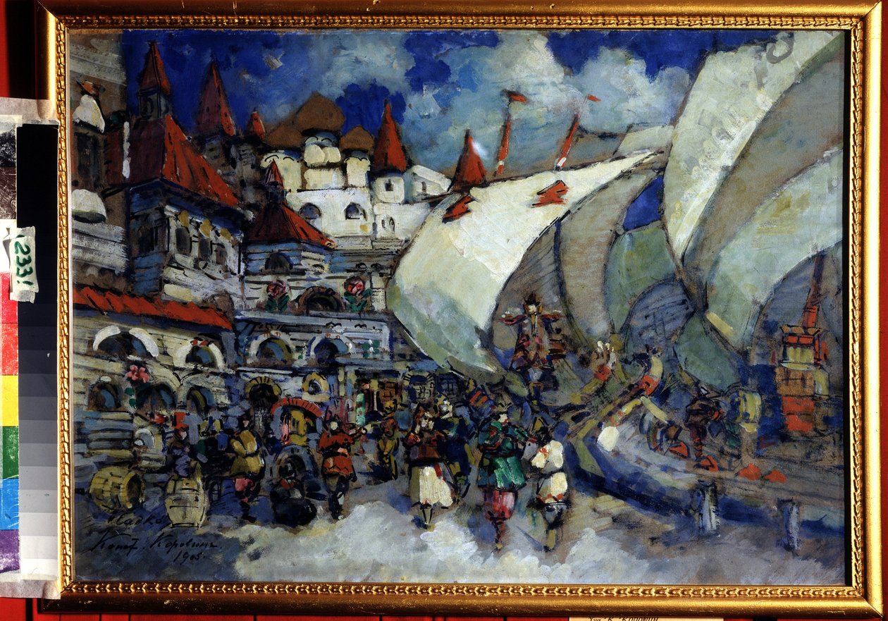 Scenedesign for Opera Sadko av Nicolas (Nikolai) Rimsky Korsakov (Rimsky-Korsakov) (1844-1908) (Scenedesign for Opera Sadko av N. Rimsky Korsakov (Rimsky-Korsakov). Beskrivelse av en by og trebygninger bygget på en animert kai el av Konstantin Alekseevich Korovin