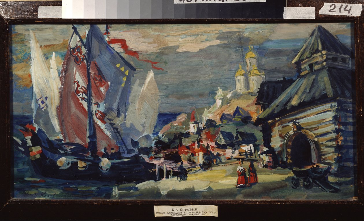 Designprosjekt for operaen Sadko av Nicolas (Nikolai) Rimsky Korsakov (Rimsky-Korsakov) (1844-1908) (Scenedesign for operaen Sadko av N. Rimsky-Korsakov (Rimsky Korsakov). Et høyt skip på kaia i en by med trebygninger. av Konstantin Alekseevich Korovin