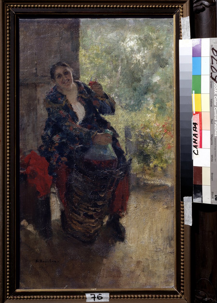 En utleier eller kvinne med et glass vin (A Landlady, Woman with a Glass of Wine). En sterk sittende kvinne hever glasset for å skåle og holder en stor flaske vin. Maleri av Konstantin Alexeyevich Korovin (Constantin Korovin) (1861-1939), av Konstantin Alekseevich Korovin