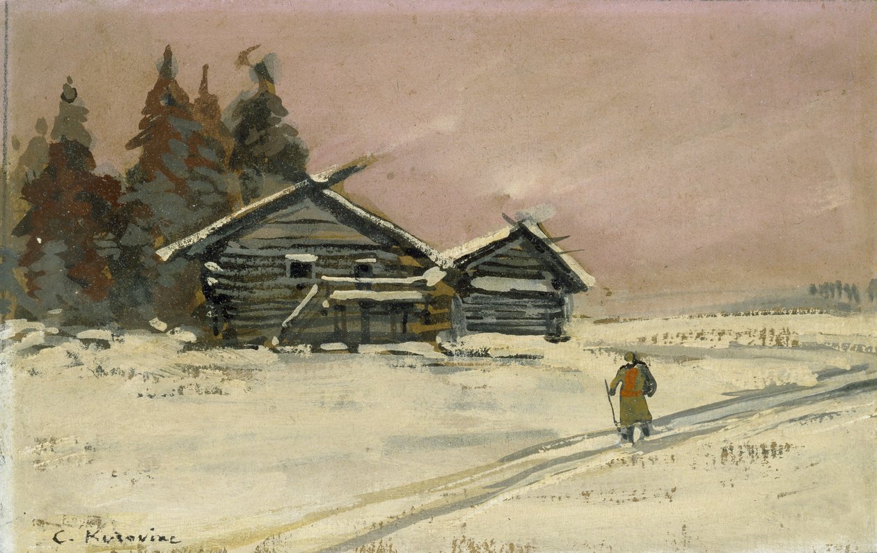 Vinterlandskap med to trehytter (kroppsfarge og olje på bord, montert som tegning) av Konstantin Alekseevich Korovin