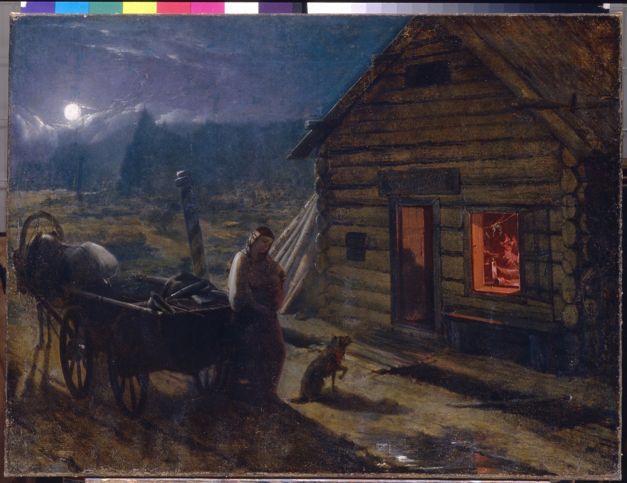 Foran en taverna (Nattscene, en kvinne med babyen sin og en hund venter ved siden av en hestevogn, foran den åpne døren til en trebygning, hvor fulle menn er samlet) - Før en taverna - Maleri av Konstantin Alexander av Konstantin Alexandrovich Trutovsky
